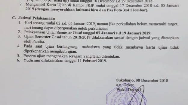 Pengumuman Pelaksanaan Ujian Semester Gasal Tahun Akademik 2018-2019